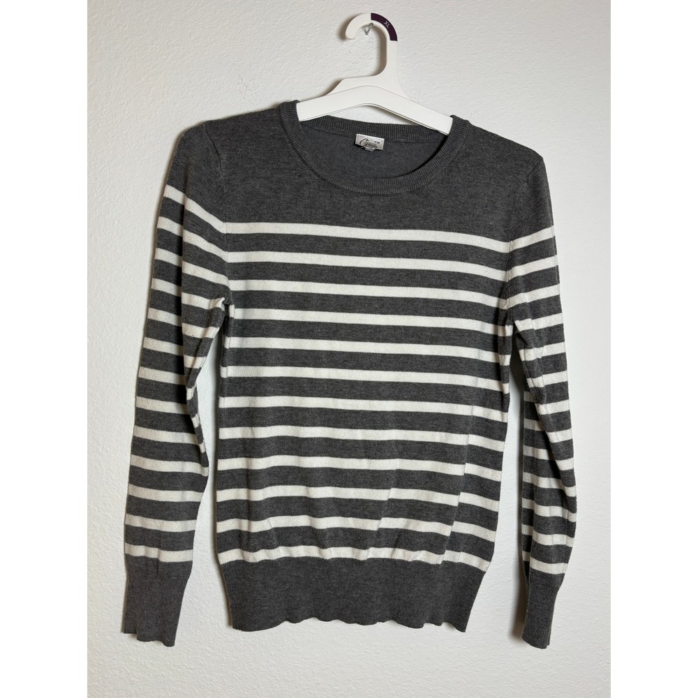 Cielo Grey White Striped Crewneck‎ Sweater Womens Medium Long Sleeve Knit Top